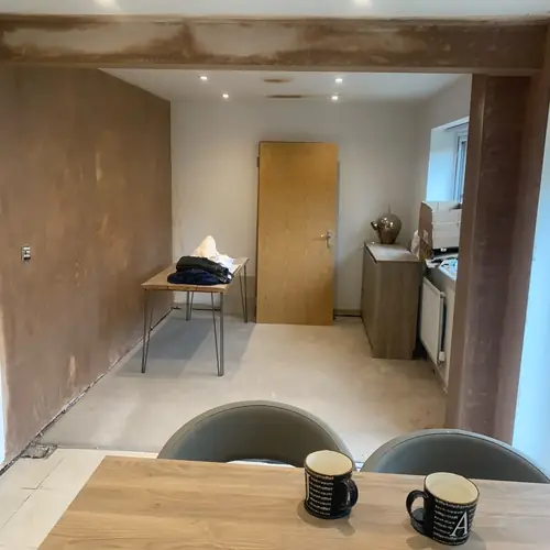 Kitchen diner renovation with an exposed beam