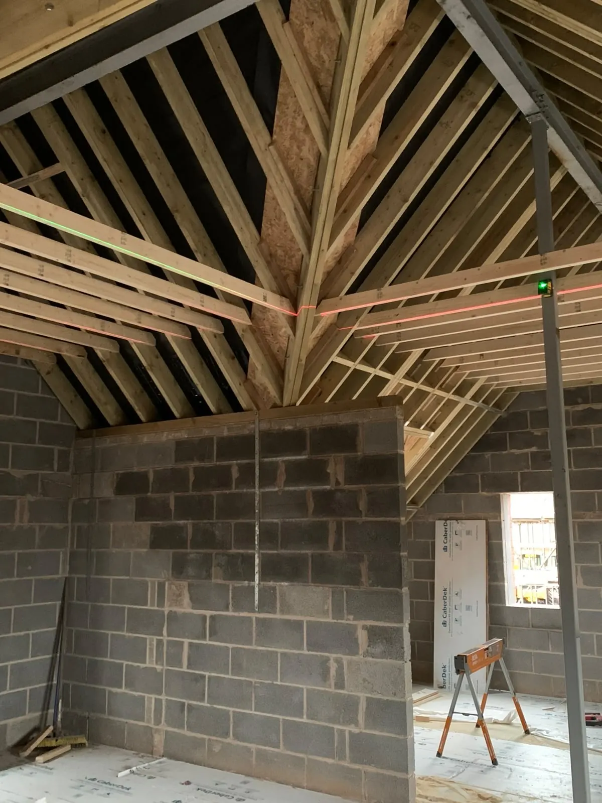 Vaulted roof timbers on a single-storey house extension